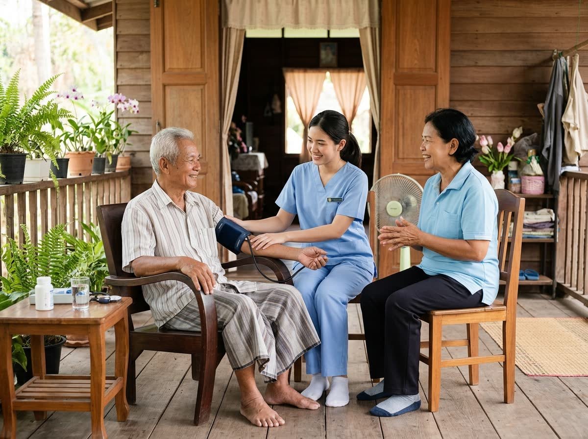 พยาบาลเยี่ยมบ้าน ให้คำแนะนำผู้สูงอายุถึงที่พัก